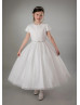 Beaded Cap Sleeves Ivory Satin Glitter Tulle Flower Girl Dress